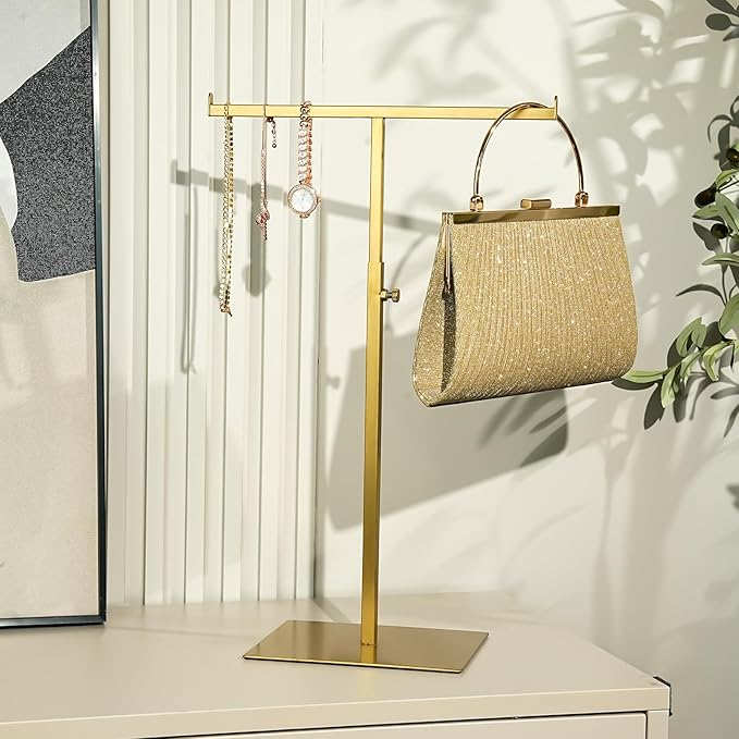 MCKECHSION Display Stand Stainless Steel Jewelry Towers Bag Stand Tabletop Double Hook Hanging Jewelry Stands for Necklaces Organizer Stand Adjustable Height Home Store Boutique, Gold