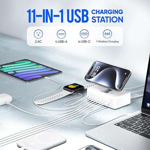 11-in-1 Charging Station USB-C Power Strip, 300W USB C Charger Block, 2AC Outlets 8USB Ports(4USB-C) Surge Protector, 5FT Flat Plug Extension Cord, PD110W Desktop Fast Charging for Home Office, White