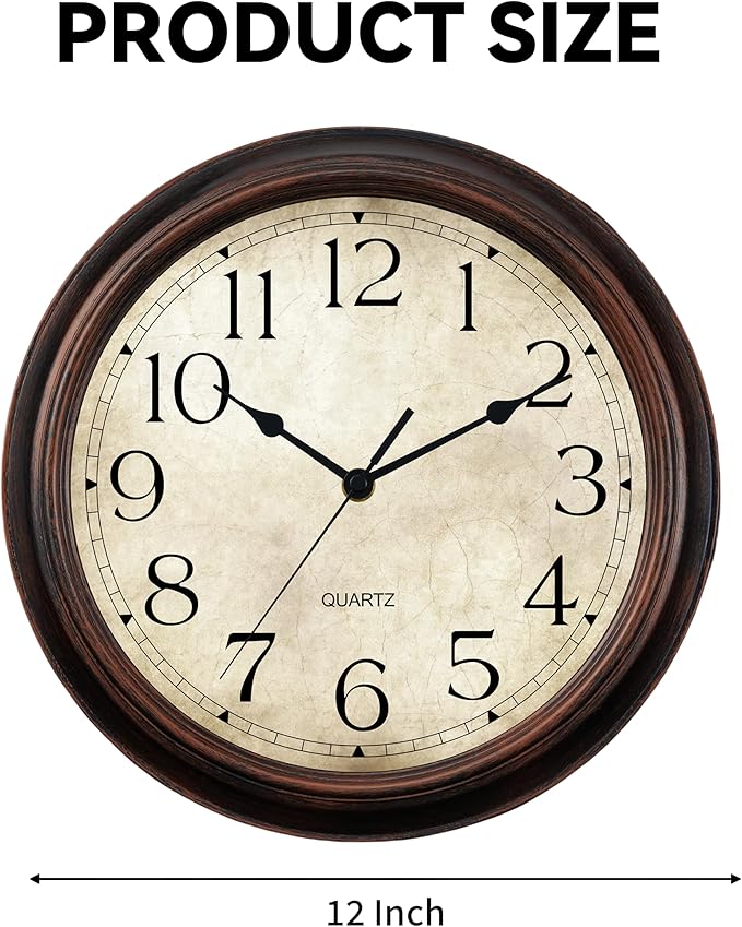 KECYET 12 Inch Wall Clocks Battery Operated Silent Non-Ticking Analog Wall Clock Vintage Retro Rustic Style Decorative for Living Room Kitchen Home Office(Bronze)