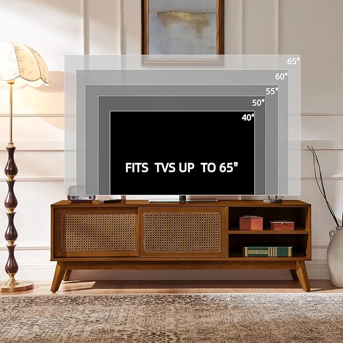 LKTART Mid Century Modern TV Stand for 55/60/65 inch TV,Boho Rattan Media Console with Sliding Doors for Living Room (Light Walnut, 59")