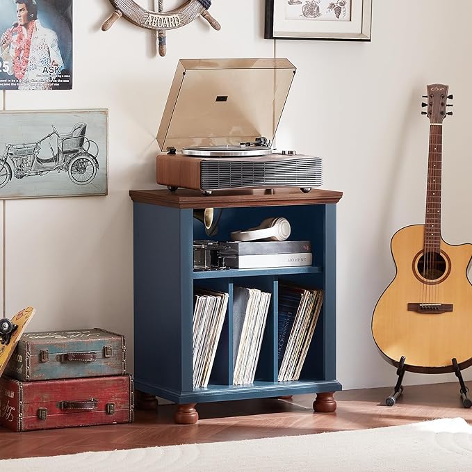 Joaxswe Record Player Stand with Charging Station Up to 200 Albums, 24" Wide Mid-Century Record Player Table with Vinyl Record Storage,Large Wood Turntable Stand Dispaly Cabinet for Living Room,Blue