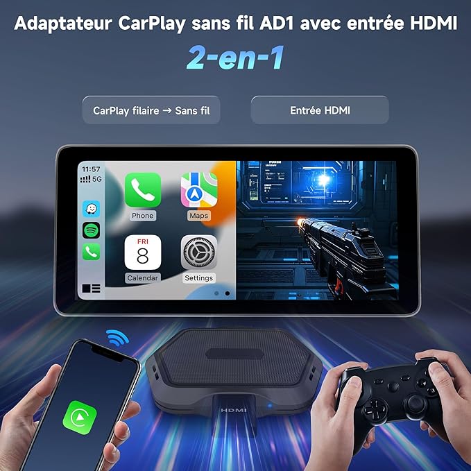 ATOTOMOVE Wireless Carplay Box Adapter with HDMI Input, 2 in 1 Dongle for Wired CarPlay Cars, Plug & Play Multimedia Hub for TV Box/Game Console/DVD/Blu-ray, Bluetooth 5.2, AD1 OTA Updates, Black
