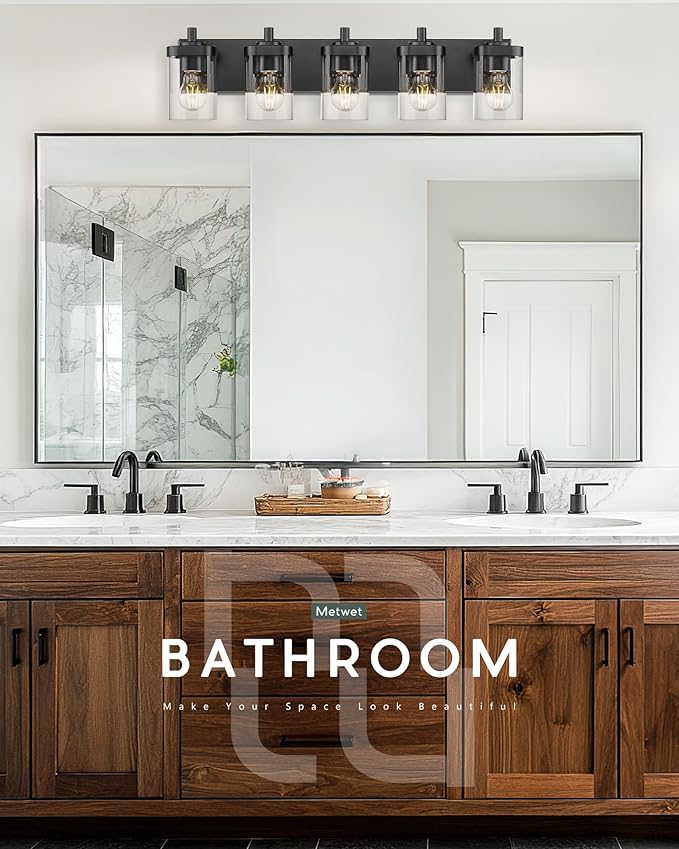 METWET Bathroom Light Fixtures, 5-Light 30" Vanity Light with Square Clear Glass Shade, Modern Matte Black Wall Sconces, Vanity Lighting Fixtures Over Mirror, VL194-MB-5