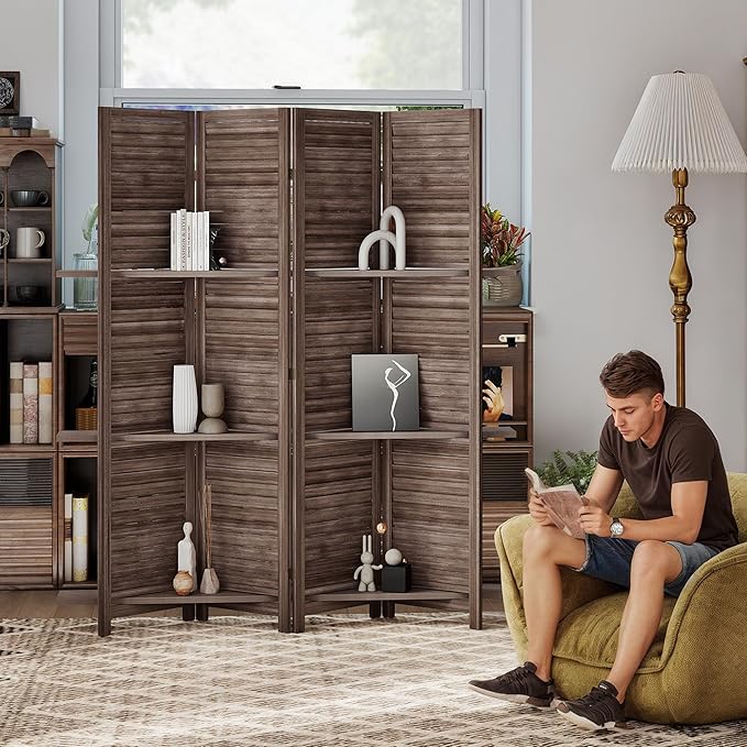 HOMCOM Room Divider, 4 Panel 67" Tall Wood Privacy Screen with 3 Display Shelves, and Folding Storage for Bedroom or Home Office, Walnut