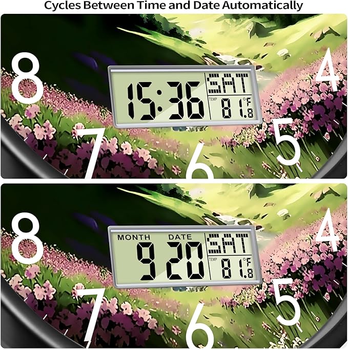 SCOAGE Digital Large Display Silent Wall Clock with Temperature Date Mountain Flowers Modern Non-ticking Battery Operated Mount Clocks Bathroom Kitchen Clock Farmhouse Living Room Office Decor 14 Inch