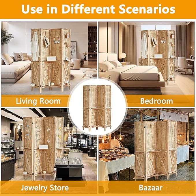 Aleesing 4 Panel Pegboard Display with 16 Hooks, Wooden Pegboard Room Divider Wall with Shelf, Partition Room Dividers and Folding Privacy Screens, Bedroom, Jewelry Store, Natural