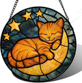 AMDERVEN Stained Glass Window Hanging - Orange Cat Sun Catcher for Door Home Decor Stars and Moon Suncatcher Christmas Mother's Day Birthday Loss of a Pet Gifts for Women Men Mom Nana 9.8 in