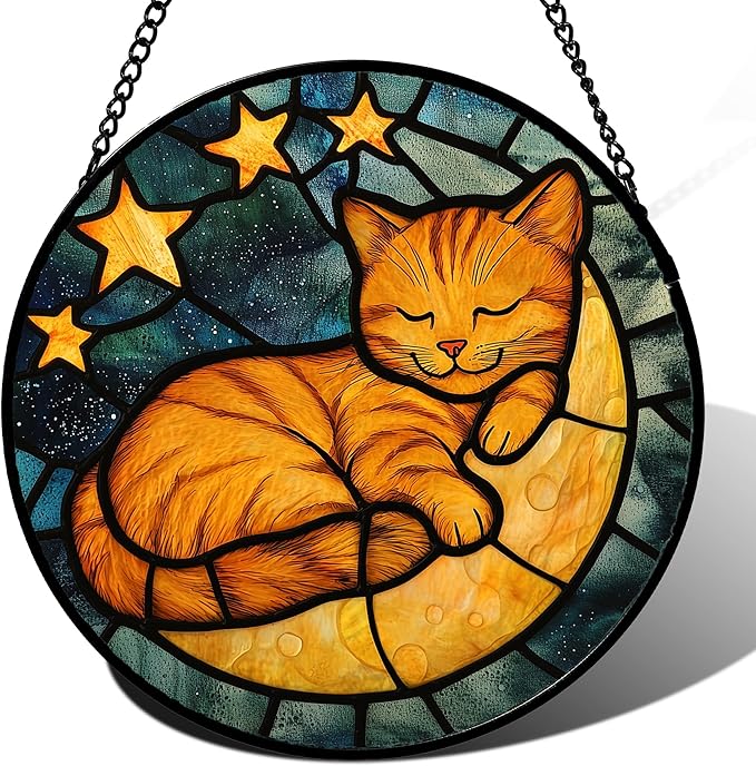 AMDERVEN Stained Glass Window Hanging - Orange Cat Sun Catcher for Door Home Decor Stars and Moon Suncatcher Christmas Mother's Day Birthday Loss of a Pet Gifts for Women Men Mom Nana 6.3 in