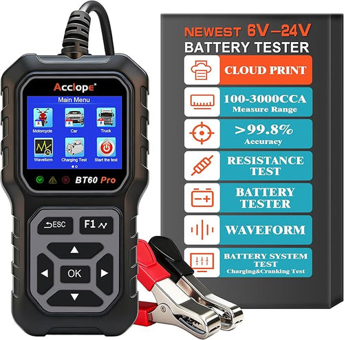 Acclope BT60 Pro Car Battery Tester, Digital Analyzer with Cloud Printing, 6V/12V/24V Battery Checker for AGM, Lithium, Gel Batteries, 100-3000 CCA Range, Automotive Charging System