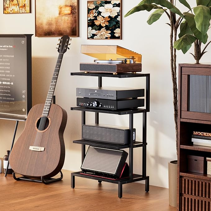 Aquzee Media Stand, Gaming Shelf, 4 Tier Small Electronics Shelves Video Game Console Organizer Cabinet, Wood Stereo Racks AV Shelves for Entertainment Center Storage, Recreation Room Furniture,Black
