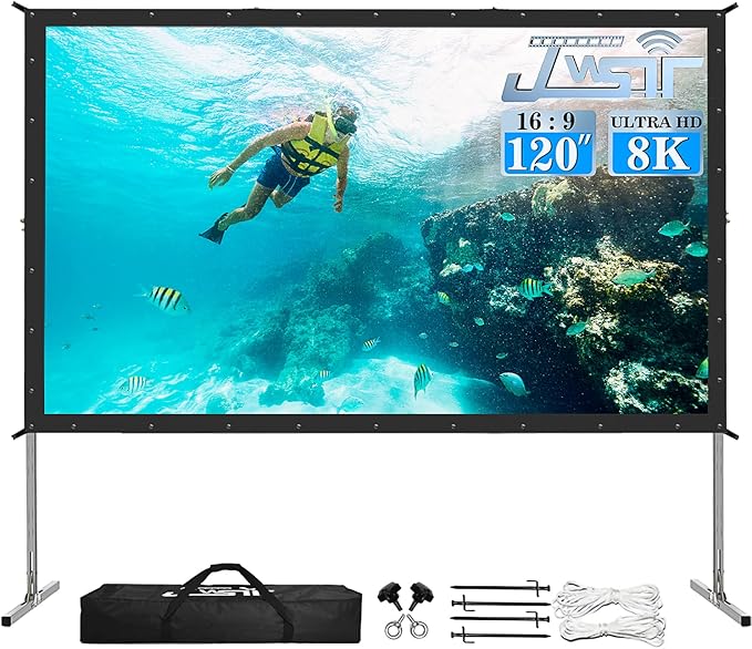 Projector Screen and Stand,JWSIT 120 inch Outdoor Movie Screen-Upgraded 3 Layers PVC 16:9 Outdoor Projector Screen,Video Projection Screen with Carrying Bag for Home Backyard(Rear Projection Screen)