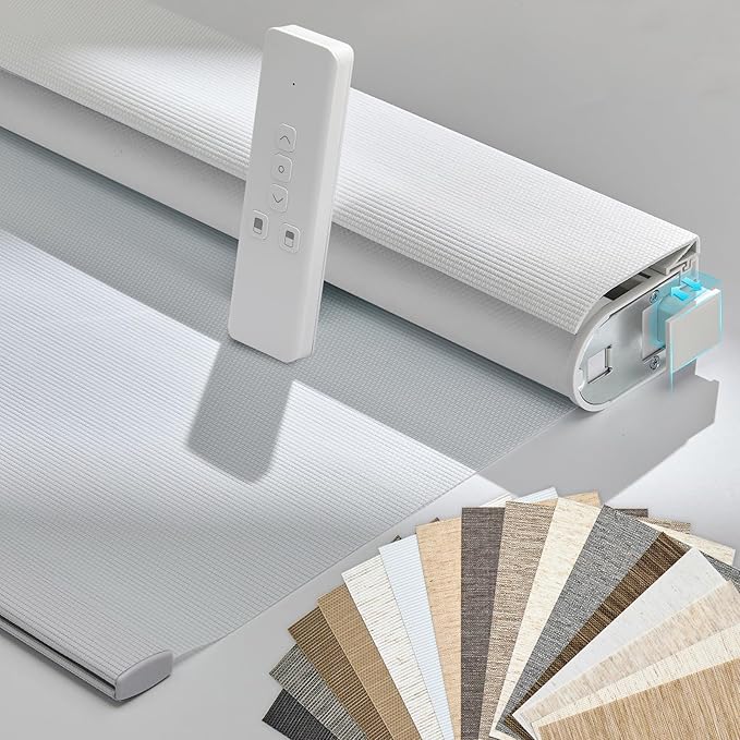 Persilux Smart Motorized Blinds with Remote, No Drill Automatic Roller Shades for Indoor Windows, Blackout Linen Fabric, Electric Blinds for Windows, Weave Swan C162BO-1, Custom Size