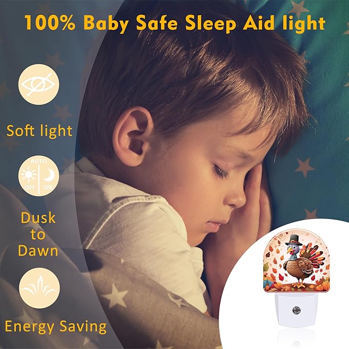 sndheke Cute Cartoon Turkey Night Light for Kids,Thanksgiving Day Fall Autumn Night Light Plug in with Dusk to Dawn Sensor,0.5w Energy Saving Nightlight for Hallway Stairway Kitchen Bedroom