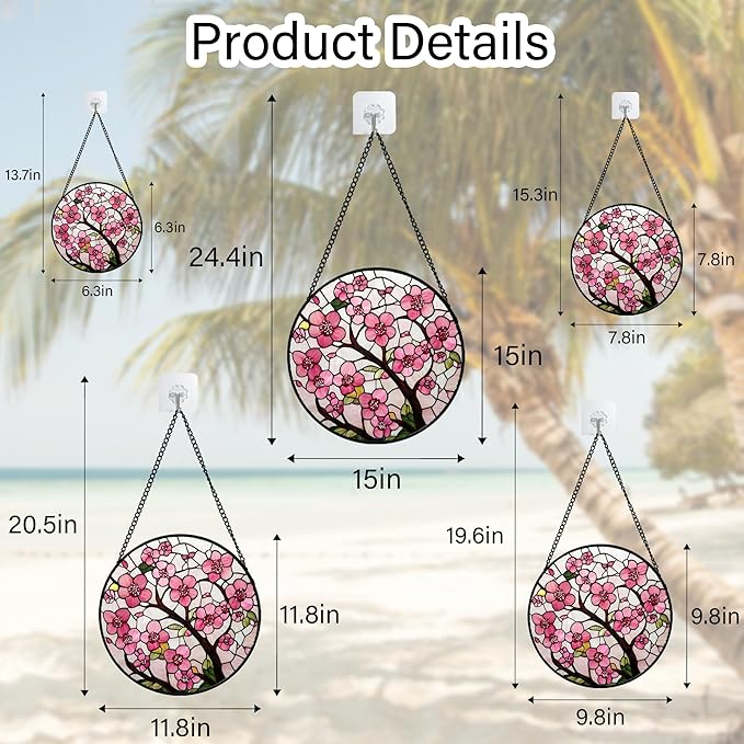 CRISGIF Stained Glass Window Hanging - Cherry Blossoms Birth Flower Suncatcher for Door Garden Patio Sun Catchers Decor Christmas Mother's Day Birthday Gifts for Women Mom Nana Friend Wife 9.8 in