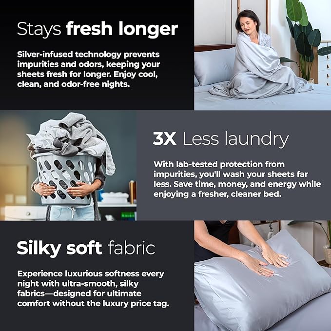 Silvery Silver Infused Bed Sheets Set - Award-Winning Self-Cooling Fabric with Self-Cleaning Silvery Technology™ That Stays Fresh 3X Longer for Hygienic Sleep (Gray, California King)