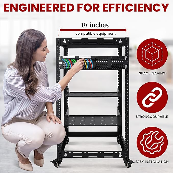 Pyle 20U Open Frame Server Rack - Wall Mount Network Rack for Servers, Networking & AV Gear - Heavy-Duty 19" Equipment, Includes 1U & 2U Vented Shelves for Airflow, Lockable Wheels - 440 lbs Capacity
