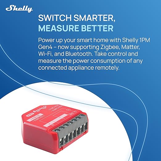 Shelly 1PM Gen4 | Wi-Fi, Zigbee, Matter Smart Relay Switch with Power Metering, 1-Channel 16A | Home Automation | Alexa, SmartThings, Google Home, Apple HomeKit Compatible | iOS Android App (4 Pack)