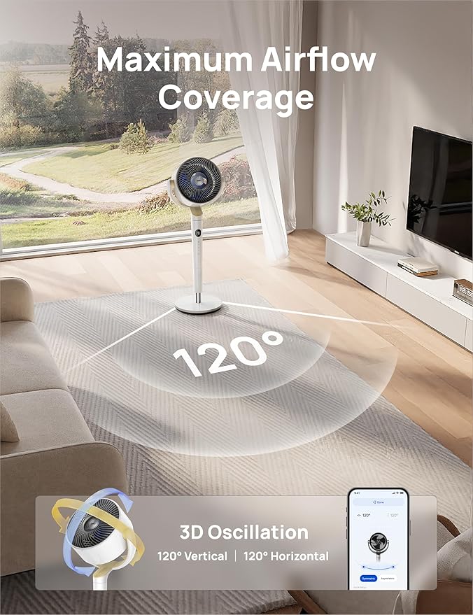 Dreo Smart Fan for Bedroom, 120° +120° Omni-Directional Oscillating Fans, 90ft Quiet Pedestal Fan with RGB Light, 9 Speeds, 6 Modes, 20dB, 8H Timer, Wi-Fi/Voice/Alexa, 37-42" Floor Fans with Remote