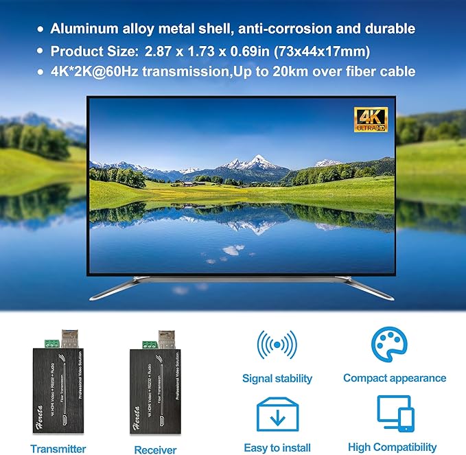 Hereta 4K HDMI Optical Video Extender 10.2Gbps Mini HD Fiber Converter with RS232 and Audio Extension of Distances Up to 20km Over Single-Mode Single Fiber SFP Optical Transceiver