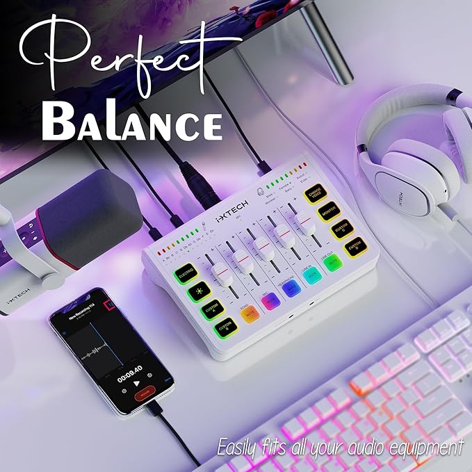 IXTECH Gaming Audio Mixer 4 Channel Soundboard, Streaming RGB PC Audio Interface with XLR Microphone Support, Audio Equalizer for Gaming Podcast Streaming Karaoke, Individual Volume Controls (White)