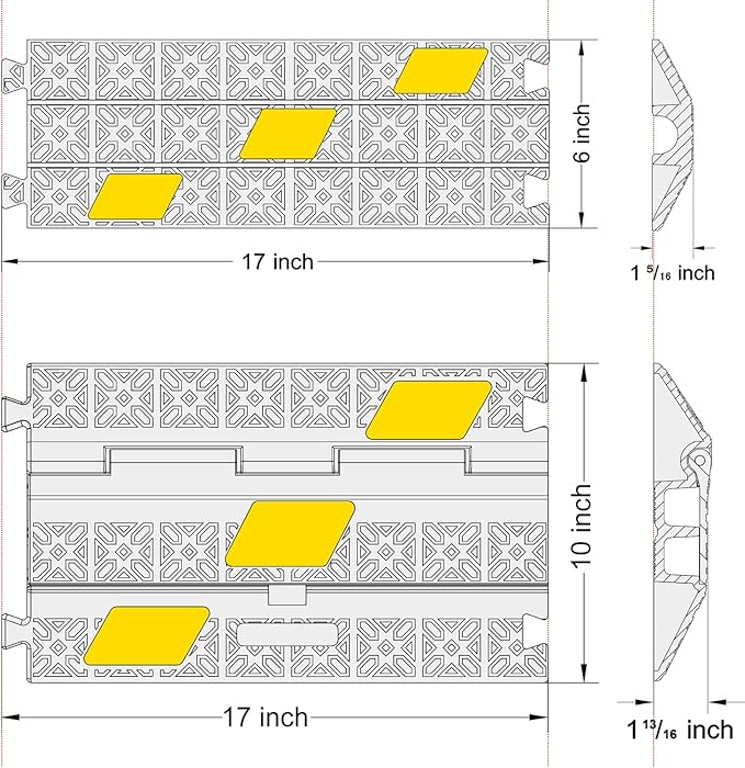 OranLite 6 Pack 1-Channel Rubber Cable Protector Ramp, 17" x 6" x 1.3" inch Interlocking Floor Wire Cord Cable Cover, Visible at Night, Durable Rubber Speed Bump Hump Ramp (1-Channel 6 Pack)