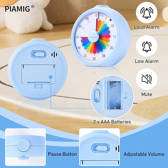 PIAMIG Visual Timer, 60-Minute Countdown Timer for Kids and Adults with Adjustable Volume, Rainbow Design Time Management Tools with Silent Operation, Suitable for Classroom, Office and Home (Blue)