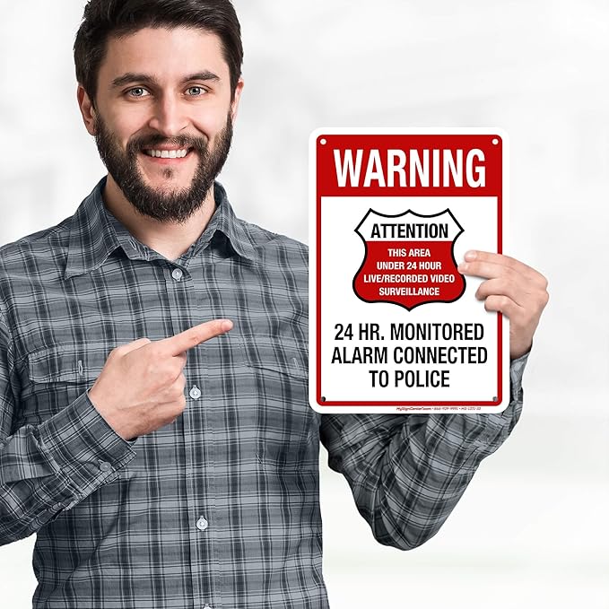 Warning 24 HR. Monitored Alarm Connected To Police Sign, 7x10 Inches, Rust Free .040 Aluminum, Fade Resistant, Made in USA by My Sign Center