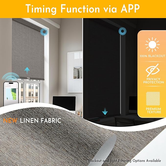 Persilux Smart Motorized Blinds with Remote, No Drill Automatic Roller Shades for Indoor Windows, Blackout Linen Fabric, Electric Blinds for Windows, Linen Brown C156BO-4, Custom Size