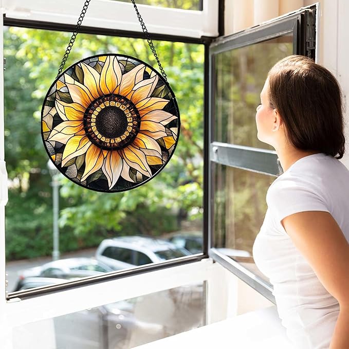 CRISGIF Stained Glass Window Hanging - Sunflower Suncatcher for Door Garden Patio Retro Flower Sun Catchers Decor Christmas Mother's Day Birthday Gifts for Women Mom Nana Friend Wife 7.8 in
