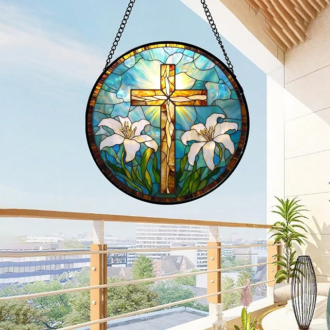 DASTOLL Christian Gifts for Women - Cross Stained Glass Window Hanging Jesus Easter White Lily Flower Sun Catcher Garden Religion Decor Mother's Day Catholic Gift for Men Grandma Mom Her Nana 9.8"