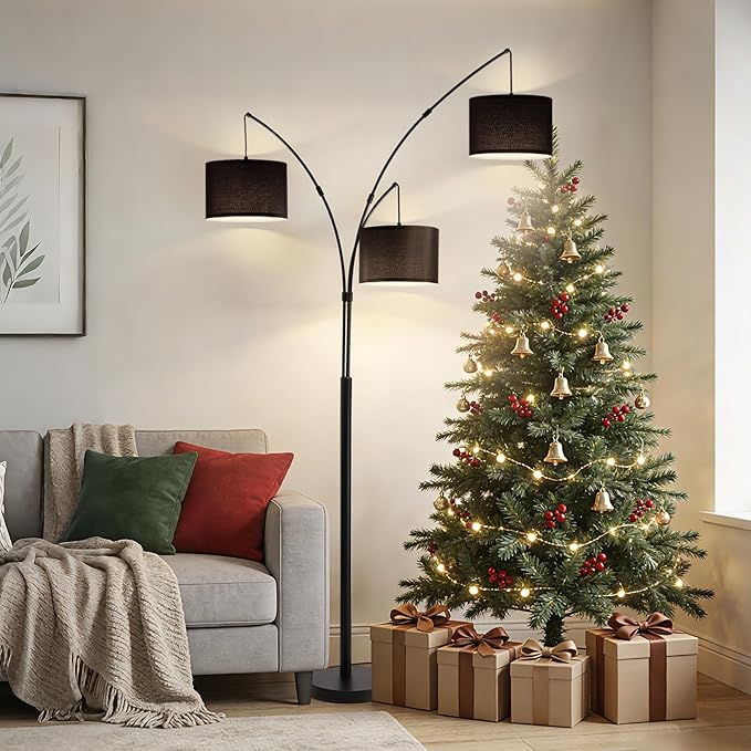 Fansdrick Floor lamp with Remote, 3 Light Arc Floor Lamps for Living Room, 2400LM Tall Standing Floor Lamps with Black Shades, 80" Large Floor Lamp for Bedroom, Office
