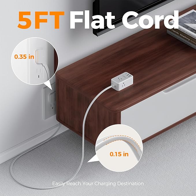 TESSAN Small Flat Plug Power Strip with 1 PD20W Retractable USB C Cable, 5 ft Ultra Thin Extension Cord with 3 AC Outlets 3 USB Ports, 5 ft Slim Plug for Cruise Ship Travel, Dorm, Home Office