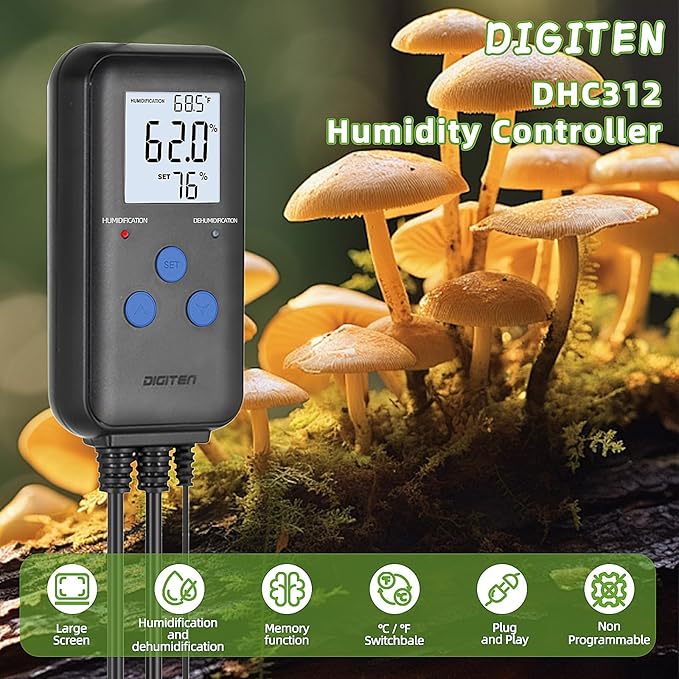 DIGITEN Humidity Controller Pre-Wired Digital Humidistat with Temperature Display, Dual-Stage Outlet Humidifier /Dehumidifier for Mushroom,Reptile, Greenhouse, Fan, Grow Tent