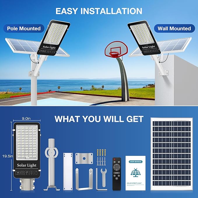 OKPRO 10000W Solar Street Light, Super Bright LED Beads Solar Lights Outdoor Waterproof IP66, Parking Lot Light Commercial Dusk to Dawn,Flood Light with Remote Control for Yard, Driveway(2Pack)