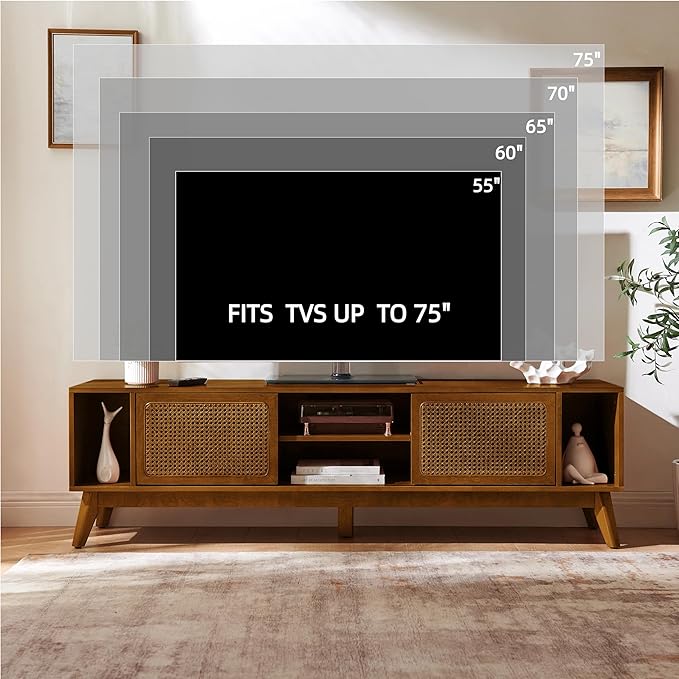 LKTART 68 Inch Mid Century Modern TV Stand with Rattan Doors, MCM Entertainment Center Media Console for 60/65/70/75 inch TVs, Long Boho Television Stand for Living Room, Light Walnut