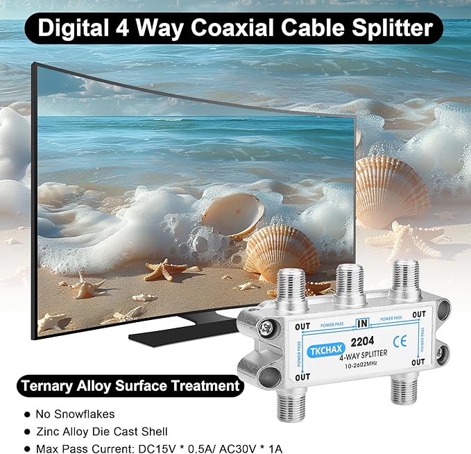 TKCHAX 4 Way Coaxial Cable Splitter,Support 10-2602MHz, RG6 Compatible, Nickel-Plated for Cable Splitter,Work with CATV, Satellite TV,Antenna System and MoCA Configurations