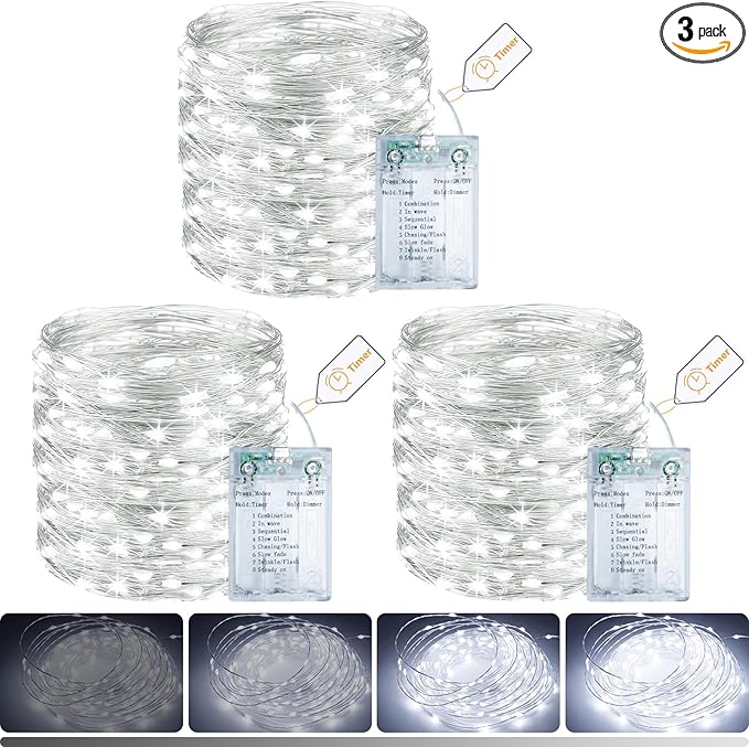 litogo 3 Pack Fairy Lights Battery Operated with Timer, 33FT 100LED Twinkle String Lights USB-C Powered 8 Modes Dimmable for Indoor Bedroom Centerpiece Wedding Classroom Dorm Christmas Decorations
