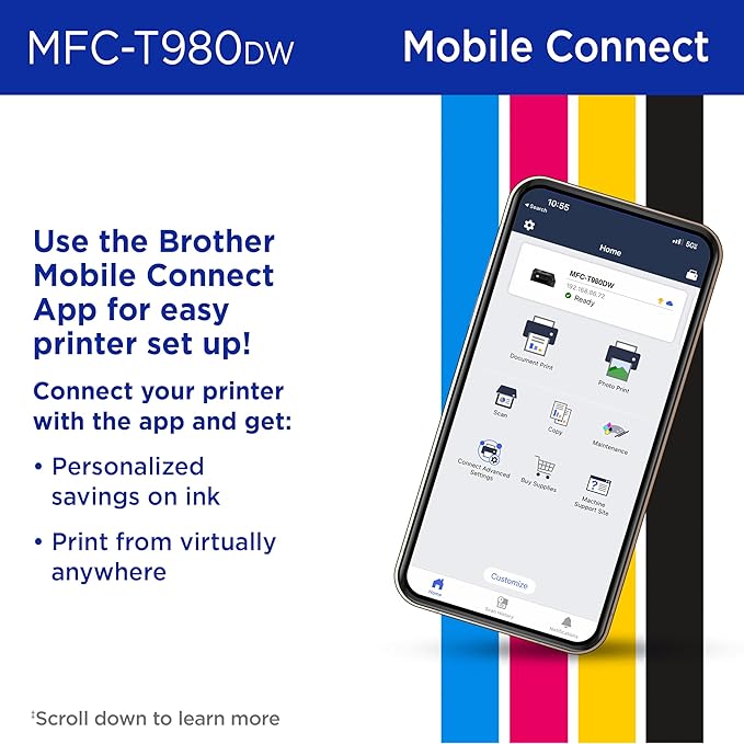 Brother INKvestment Tank 980 Wireless and Ethernet Color Inkjet All-in-One Printer with Multipurpose Tray | Includes up to 3 Years of Ink in-Box(1) and 3-Year Limited Warranty(2) (MFC-T980DW)