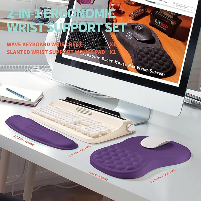 KUOSGM 2-in-1 Ergonomic Set, Wave Rise Keyboard Wrist Rest and Massage Bulge Slope Mouse Pad Wrist Support, Cushion Memory Foam Integrated to Relieve Wrist Pain, Dark Purple