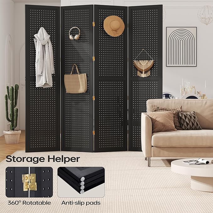 DURASPACE 4 Panel Room Divider 5.6 FT Pegboard Display Folding Wood Privacy Screen Pegboard Stand Organizer for Jewelry, Craft, Cloth, Art Display (Black)
