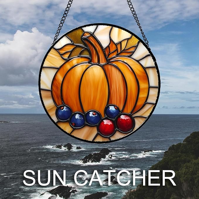 DASTOLL Stained Glass Window Hanging Fall Pumpkin Berries 7.8" - Suncatcher Door Garden Kitchen Sunroom Sun Catcher Autumn Home Decor Birthday for Mom Grandma Men Woman