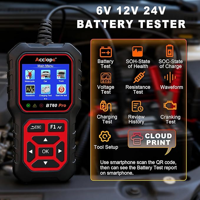 Acclope BT60 Pro Car Battery Tester with Cloud Printing,100-3000 CCA, Digital Analyzer for 6V/12V/24V Batteries, AGM Lithium Gel Battery Checker, Automotive Alternator System