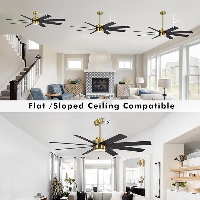 WINGBO 60" Large DC Ceiling Fans with Lights and Remote, 3 Downrods, 8 Plywood Blades, 6-Speeds Reversible DC Motor, 3CCT, Indoor Ceiling Fan for Bedroom Living Room Patio, Brass and Black