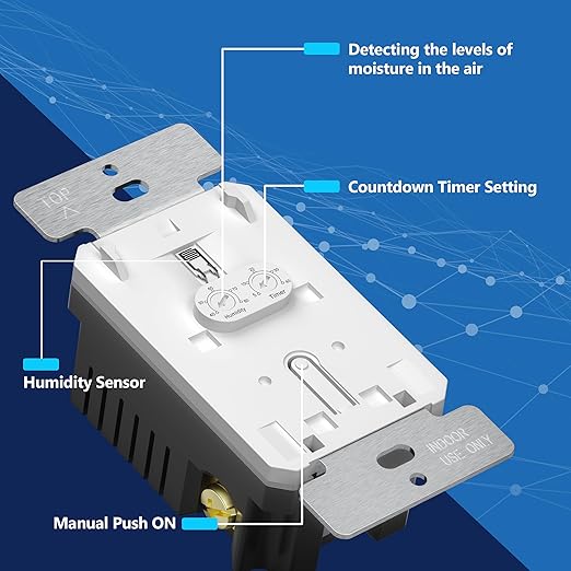 LIDER No Neutral Wire Required Humidity Sensor Switch, Automatic Humidity Detection, Air Circulator, Bathroom Fan Automated Control, Adjustable Timing, 1-Pole, Gold, Screwless Wall Plate Included