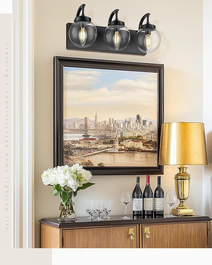 Beionxii Black Bathroom Vanity Light, 3-Light Bathroom Light Fixtures with Clear Glass Shade, Modern Vanity Lights Over Mirror Living Room Hallway, BX-VL03MB-3CG