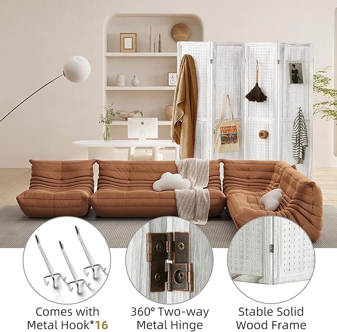 Asnefeli Pegboard Display Room Divider with 16 Hooks, 4 Panel 5.6Ft Wood Room Divider Folding Privacy Screen, Portable Freestanding Wall Organizer for Retail Craft Art Display Board, White