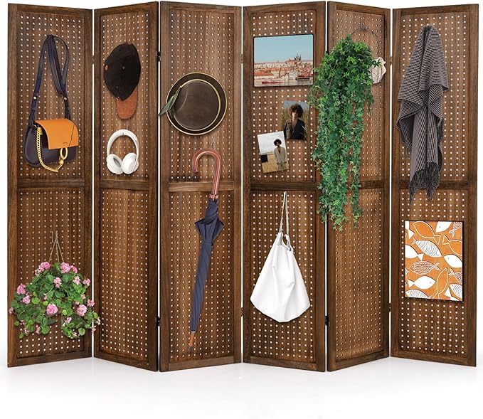 Giantex 6 Panel Pegboard Display & Room Divider, 5.6FT Folding Pegboard Stand for Crafting Show Jewelry Retail, Freestanding Privacy Screen, Wooden Partition Wall Divider for Room Separation, Brown