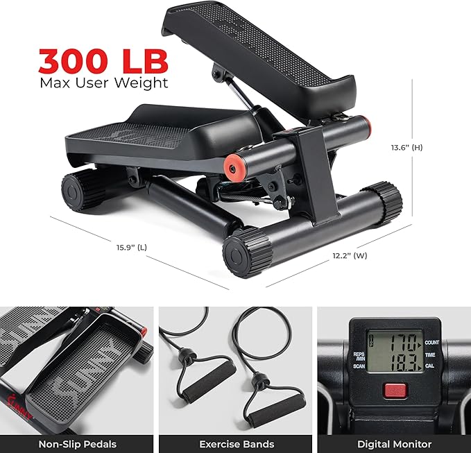 Sunny Health & Fitness Mini Stepper for Exercise at Home, Stair Step Workout Machine with Resistance Band and Over 300lb Weight Capacity, Optional Twist Motion and Free SunnyFit App Connection