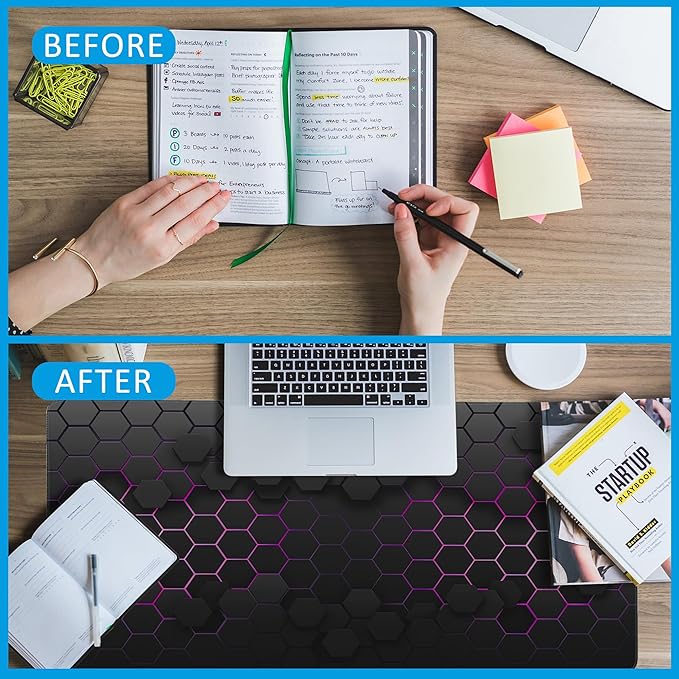 EOBKLAX Grid with Purple Light Large Gaming Mouse Pad,Waterproof Desk Mat for Desktop,Non-Slip Rubber Base Mousepad with Stitched Edges for Laptop Office and Home 35.4X15.7 Inch