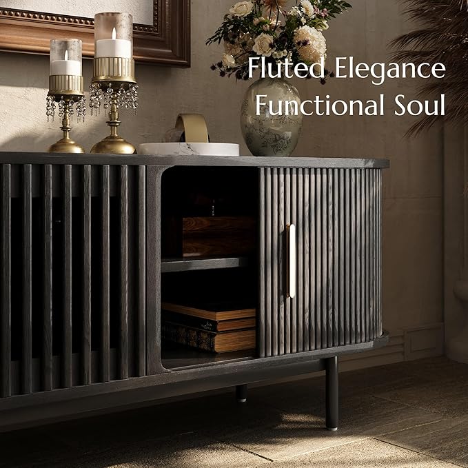 POVISON Fully-Assembled Mid Century Modern TV Stand for 75+ inch TV, Sliding Door Entertainment Center with Storage, Wood TV Console, Media Console for Living Room Bedroom(Black, 94.49")